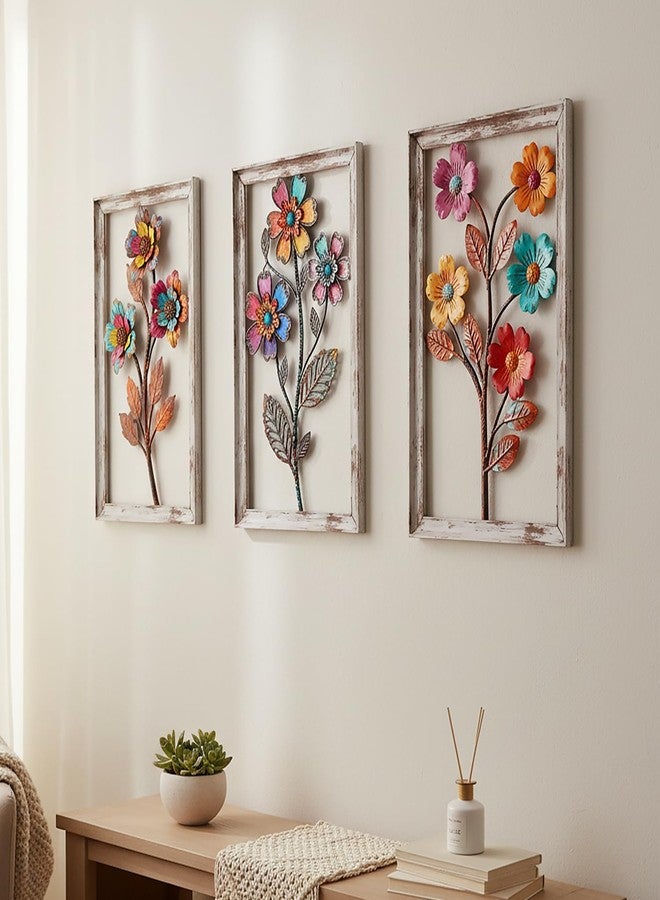 Newinhome لوحة جدارية معدنية على شكل زهور، ثلاث قطع، ديكور جداري ثلاثي الأبعاد على طراز بوهيمي، ديكور جداري ريفي على شكل زهور، ديكور حمام بوهيمي، لوحة جدارية معدنية لغرفة المعيشة، غرفة النوم، الحمام وغرفة الطعام، هدية مثالية للمنزل الجديد - Image 1